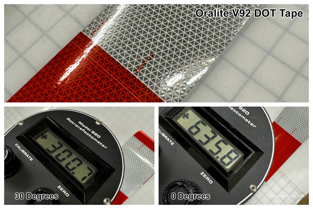 oralite v92 day bright dot c2 brightness study for different reflective tape using a retroreflectometer